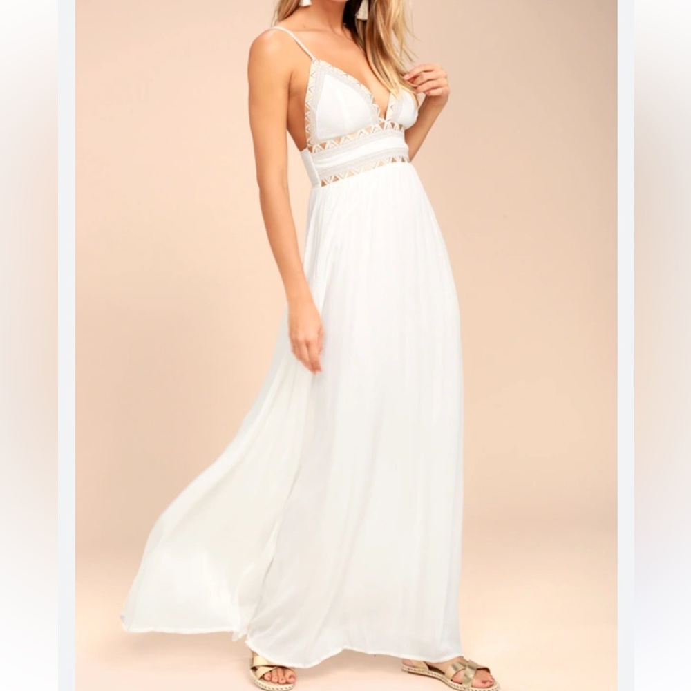 Lulu's White Maxi Dress with Lace Trim